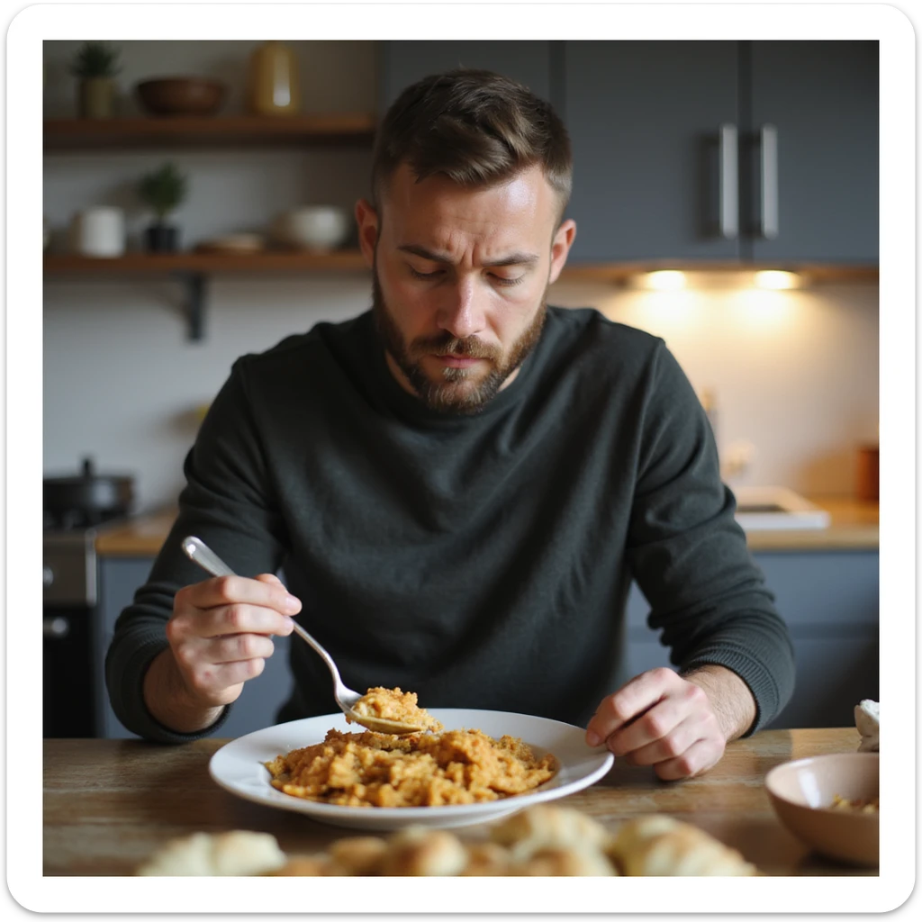 realistic 28-year-old man cooking or eating gluten-free food, expression of acceptance but still doubtful, domestic environment sticker