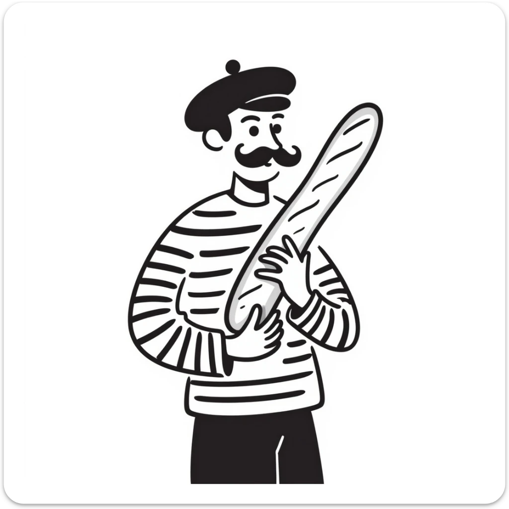 A Frenchman with a moustache and a beret, holding a baguette, wearing a black and white striped shirt, hand-drawn doodle style. sticker