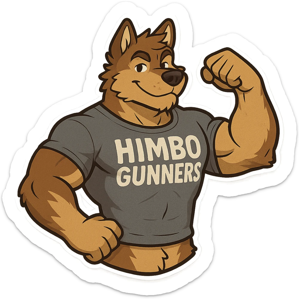 muscular furry character wearing a t-shirt that says 'Himbo Gunners', sticker style sticker