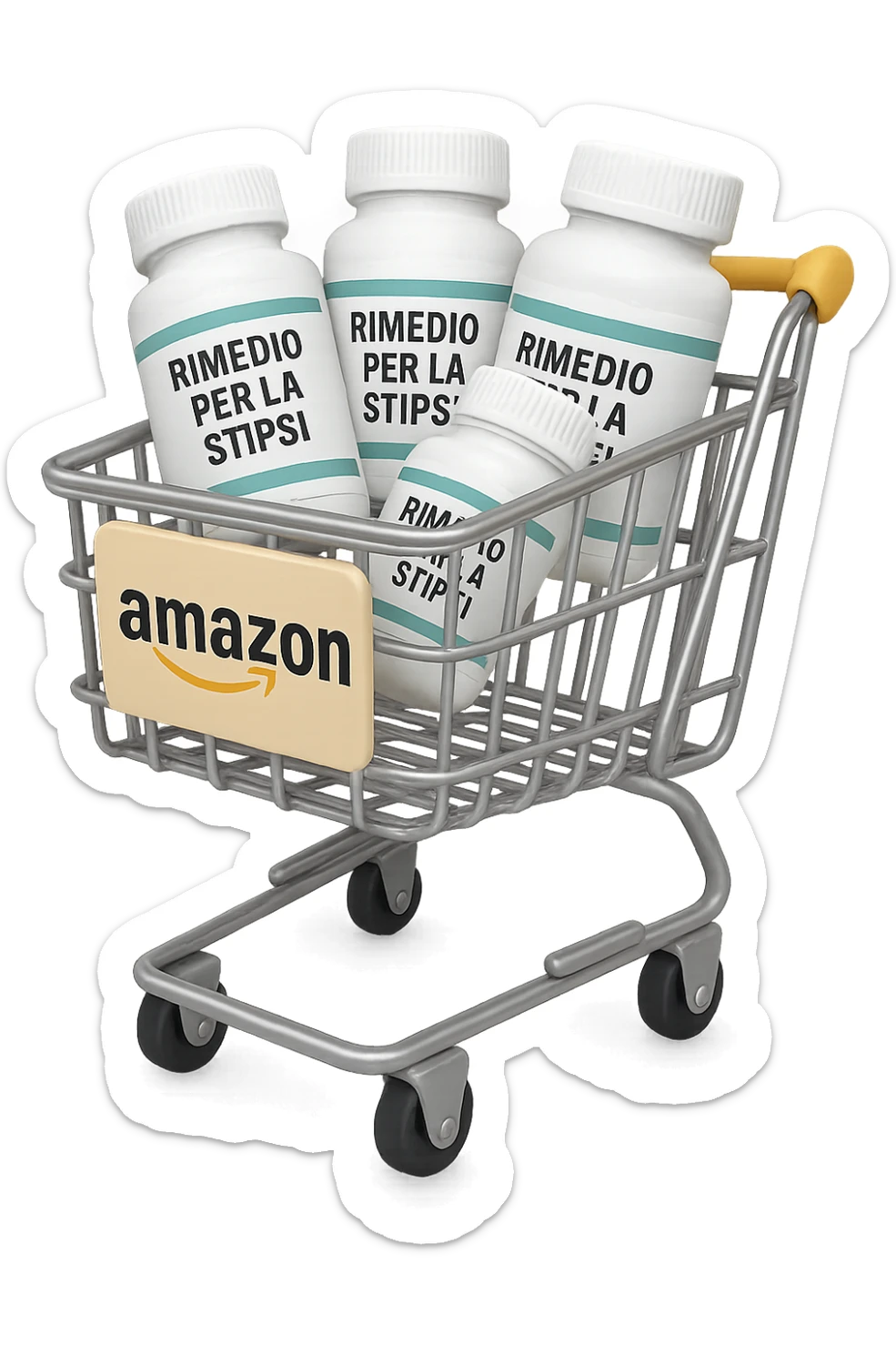 emoji stile iphone di un carrello per la spesa con l'icona di amazon stampata sopra, dentro al carretto ci sono varie boccette di integratori con la scritta "RIMEDIO PER LA STIPSI", iperrealistico 4k sticker