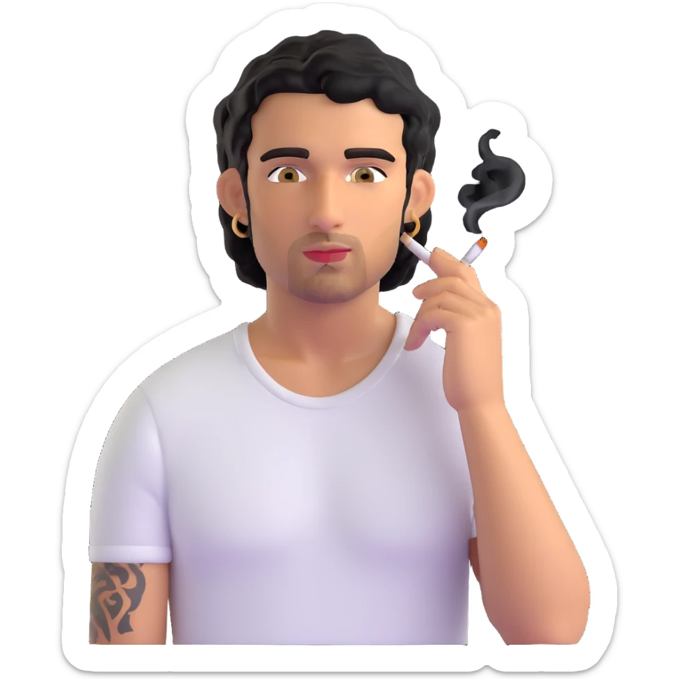 Italian man with tanned skin, curly black hair in short bob style, stubble, olive eyes, gold earring in left ear, white t-shirt, black tattoo on forearm, smoking cigarette sticker