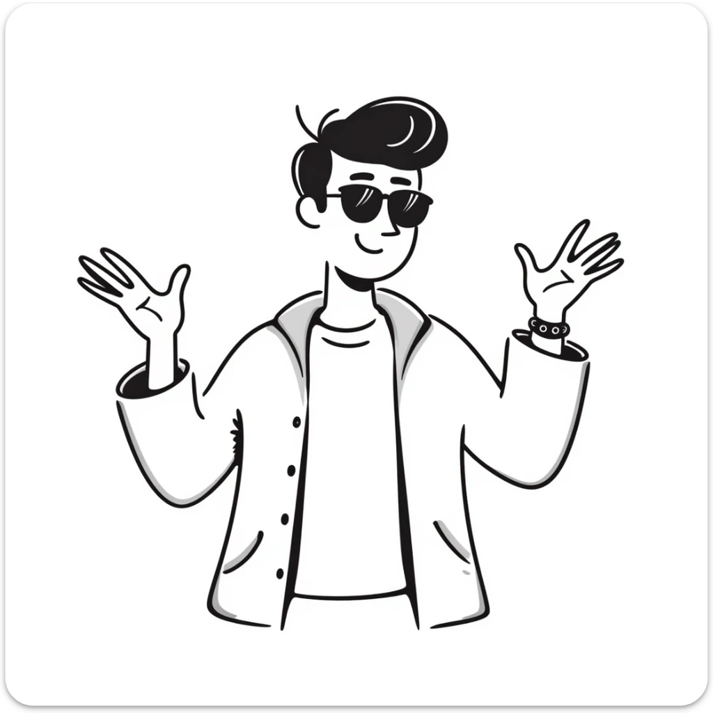 A 30-year-old Latino male with a piercing in one ear, wearing sunglasses, with short David Beckham style haircut, shrugging his shoulders with raised hands in a carefree "whatever, I'm good" gesture. He's smiling confidently while wearing a t-shirt with a light jacket sticker