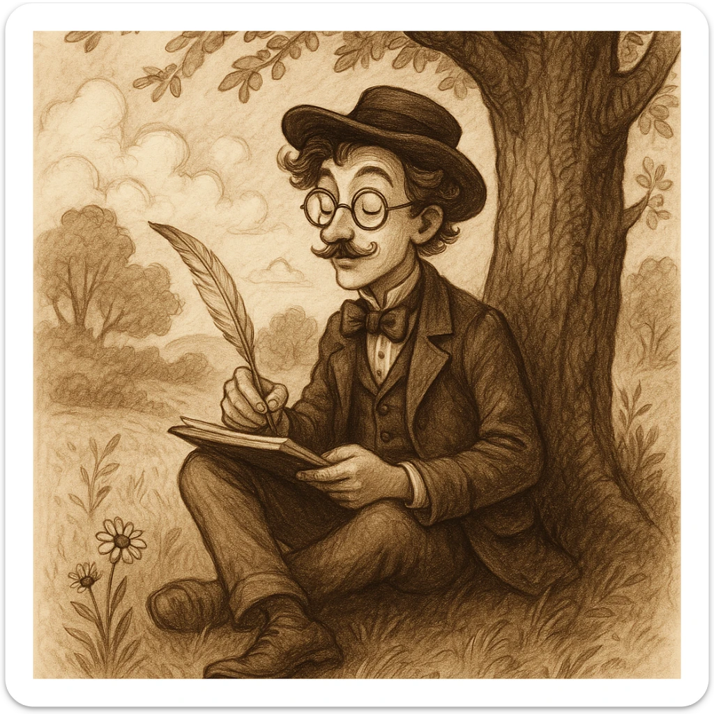 a whimsical poet in vintage attire, with a chapeau and round glasses, sitting under a tree, writing poetry about nature sticker
