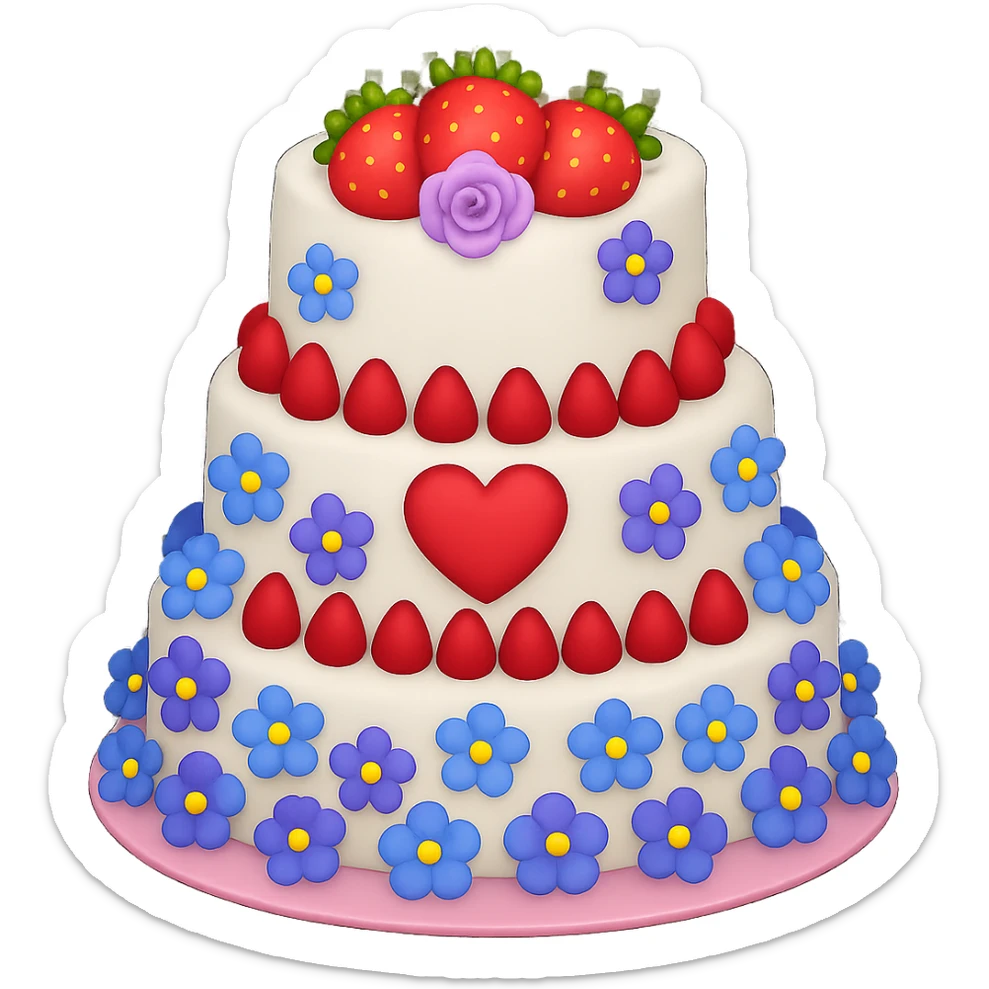 Replace the pink and white flowers with blue and purple flowers on the white wedding cake with strawberries and heart topper. The style should resemble emoji style with no background. sticker