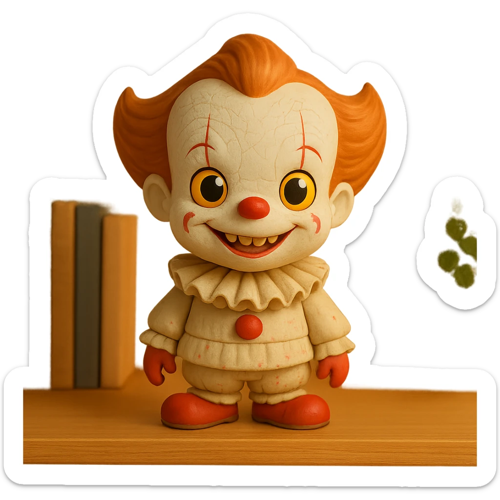 Transform this Pennywise clown into a toy version with minimal blood, soft and playful features, keep the background transparent. sticker