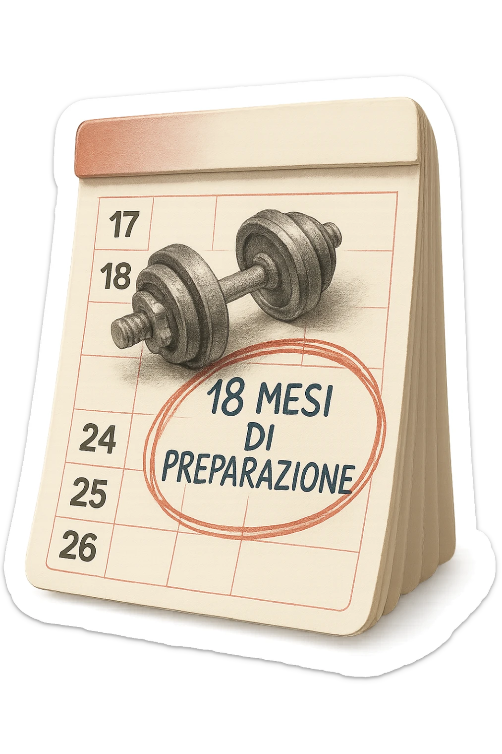 foglio di calendario con manubri da palestra disegnati e la scritta a penna "18 MESI DI PREPARAZIONE" CERCHIATA IN ROSSO, FALLO MOLTO REALISTICO IN 3D sticker