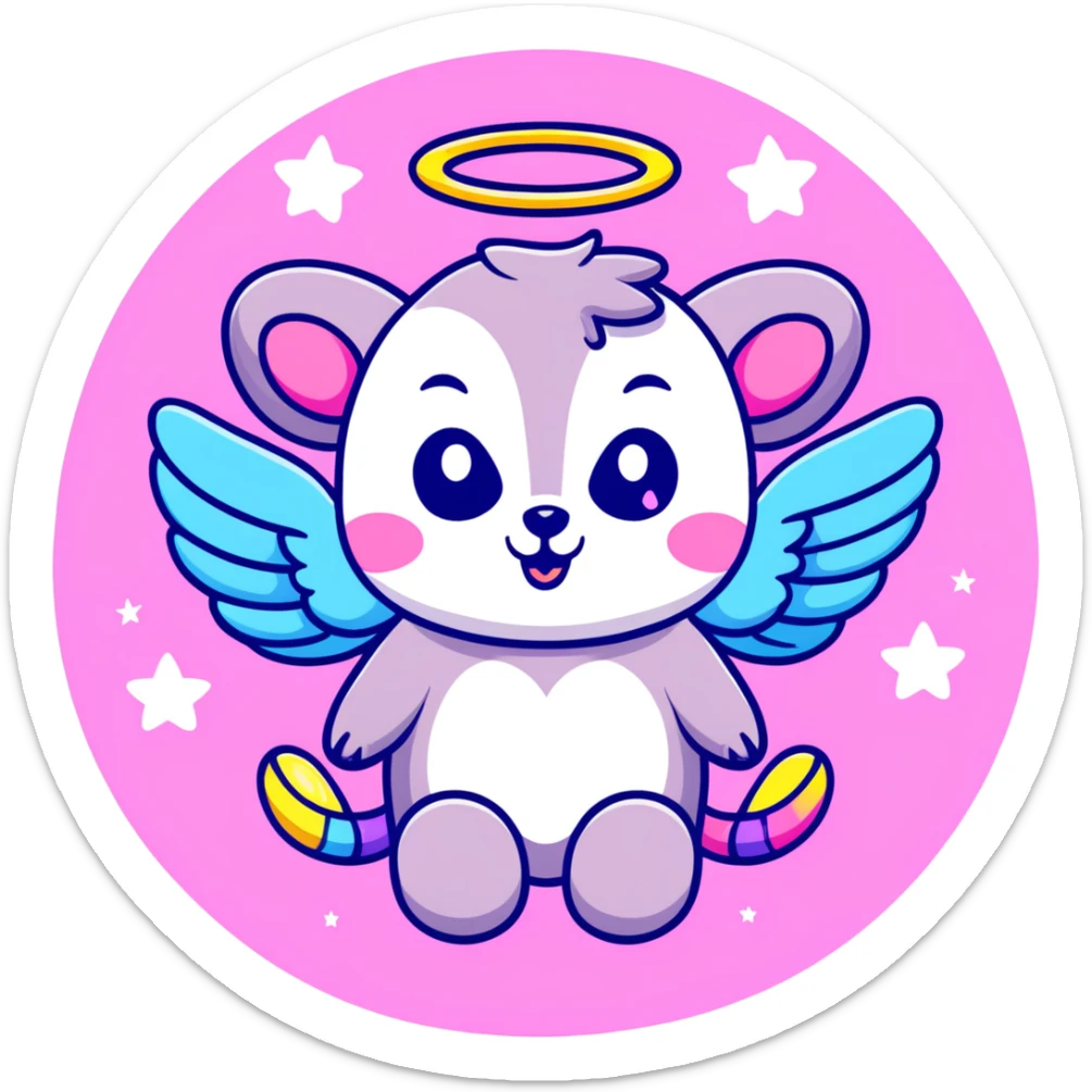 adorable possum with angel wings and halo, surrounded by stars and hearts, Lisa Frank colors sticker