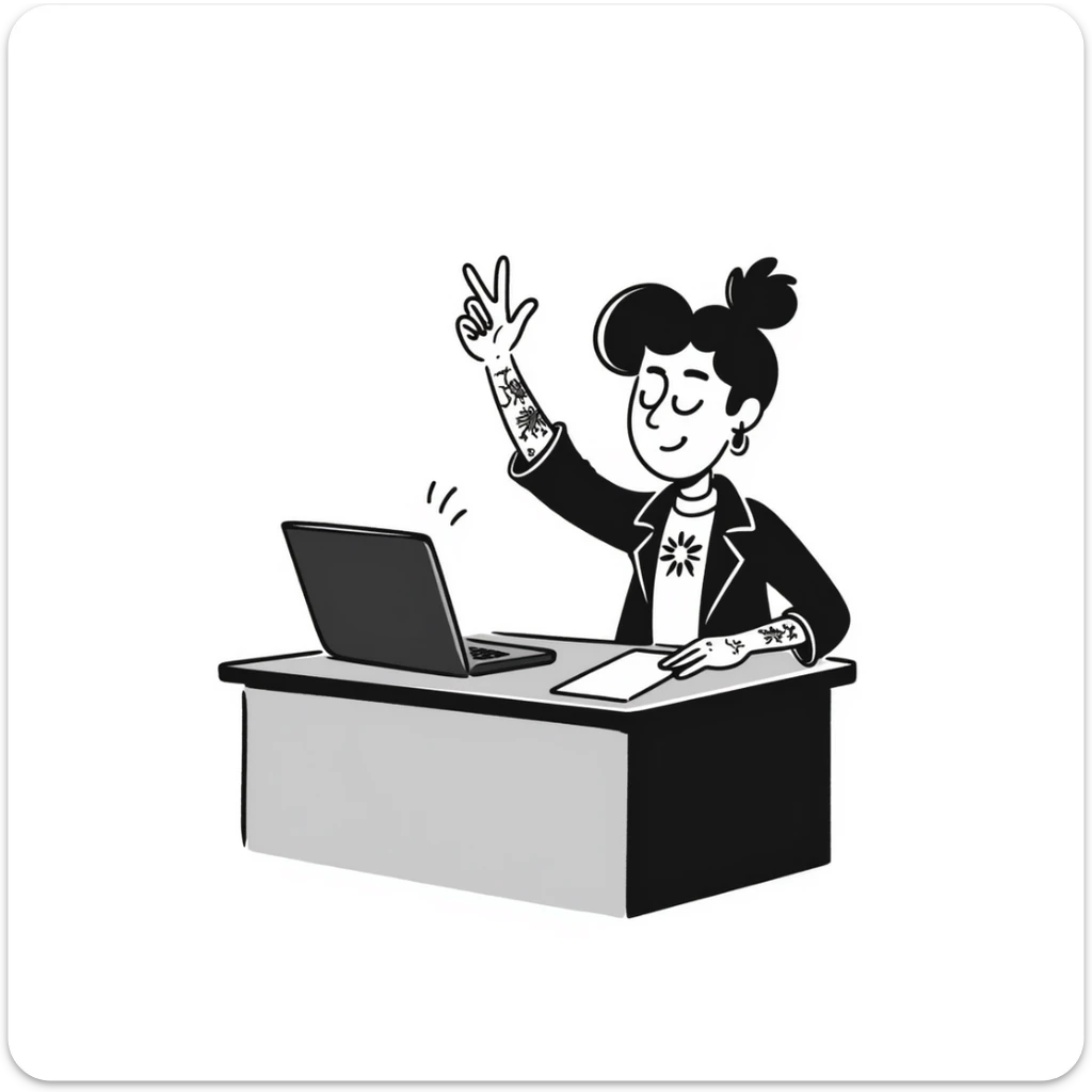 A rockstar female musician with tattoos on her arms, stylish modern haircut with shaved sides, wearing cool rocker clothes, smiling and sitting at a desk with a laptop, raising hand during class sticker
