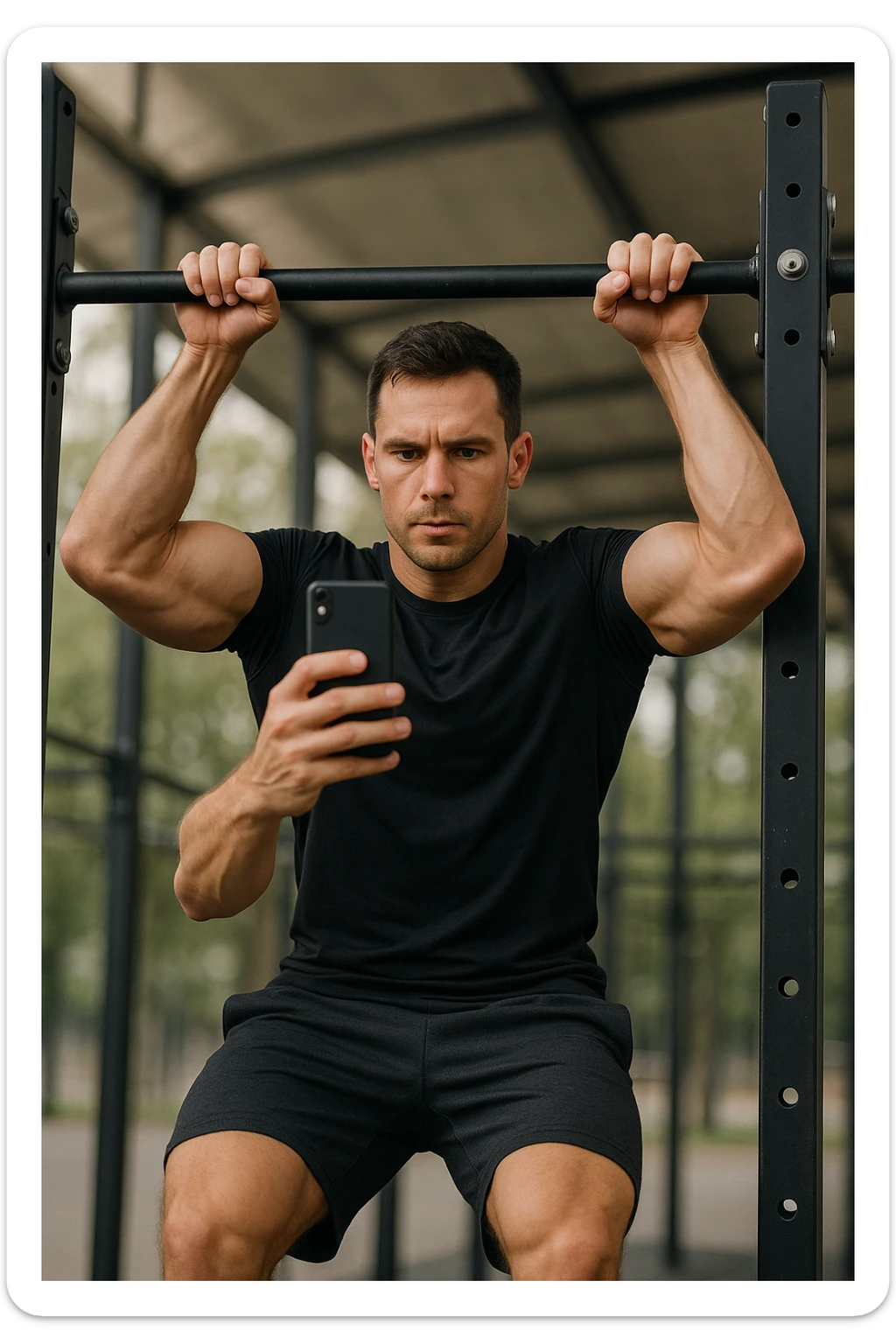 uomo che fa Muscle up e si sta filmando davanti con il telefonino per vedere la sua posizione dei gomiti e delle mani sulla sbarra sticker