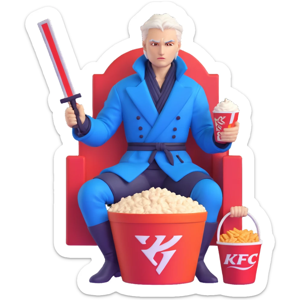 Vergil from Devil May Cry sitting in a KFC bucket, blue coat, white hair, katana sticker