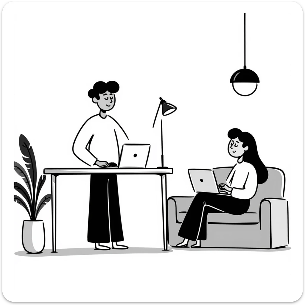 escenary 3d of a cozy mid-century living room with two people working on laptops, one man standing at a desk and one woman sitting on a couch, two walls and floor visible sticker