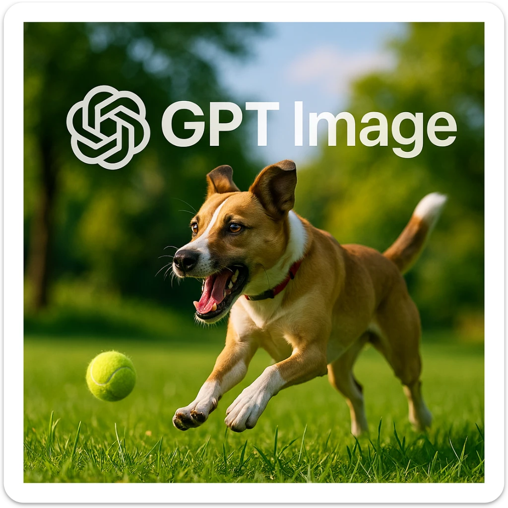  logo of chat gpt with text "GPT Image" on the background of a dog chasing ball, realistic image sticker