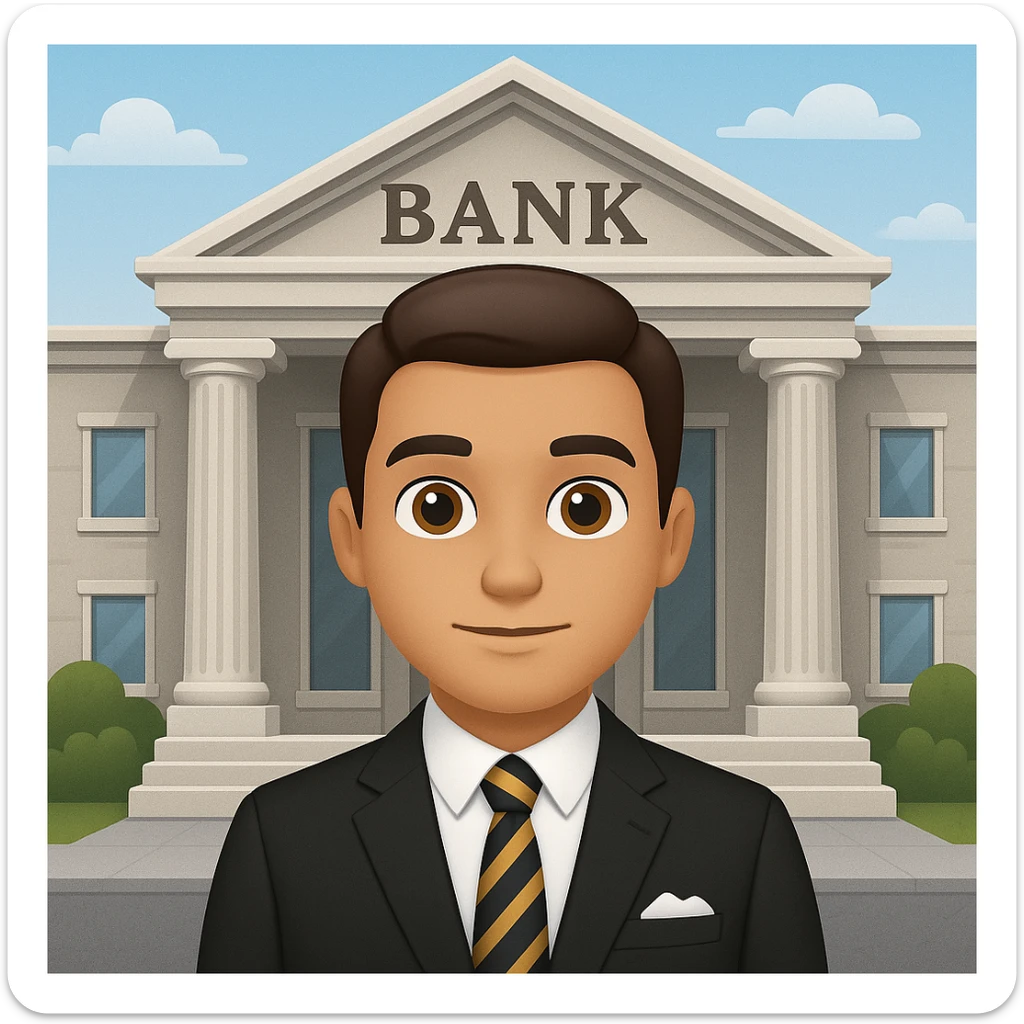 Add a bank building background to the bank manager in a general style, versatile and adaptable to any look. sticker