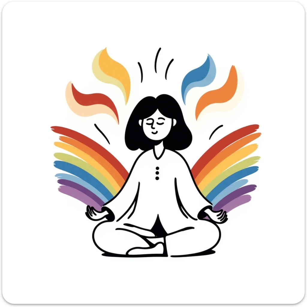 A person in a peaceful meditation pose with colorful rainbow waves of calmness radiating outward, representing mindfulness and stress relief. Vibrant hand-drawn doodle style with purples, blues, and warm tones. sticker
