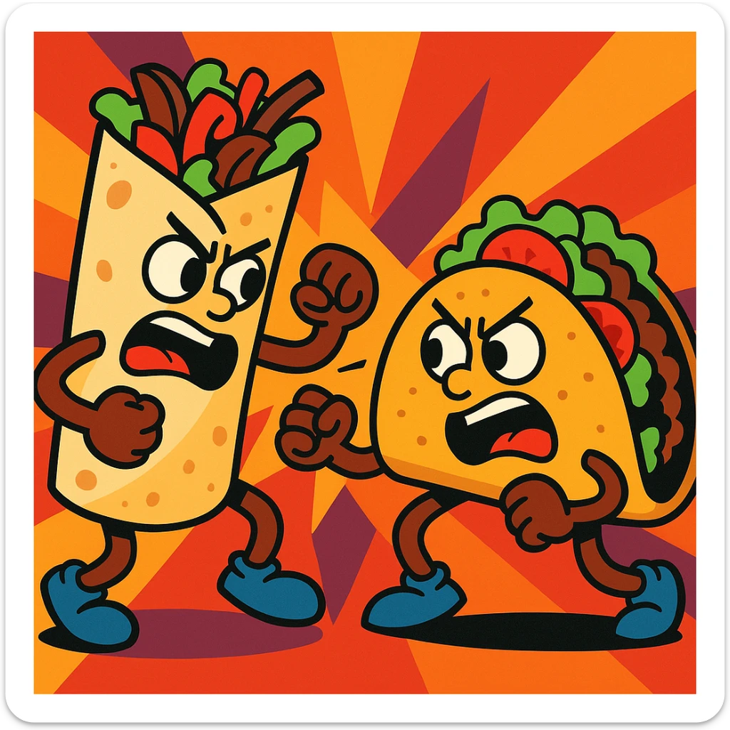 a fajita and a taco in a playful fight, cartoon style, vibrant colors sticker