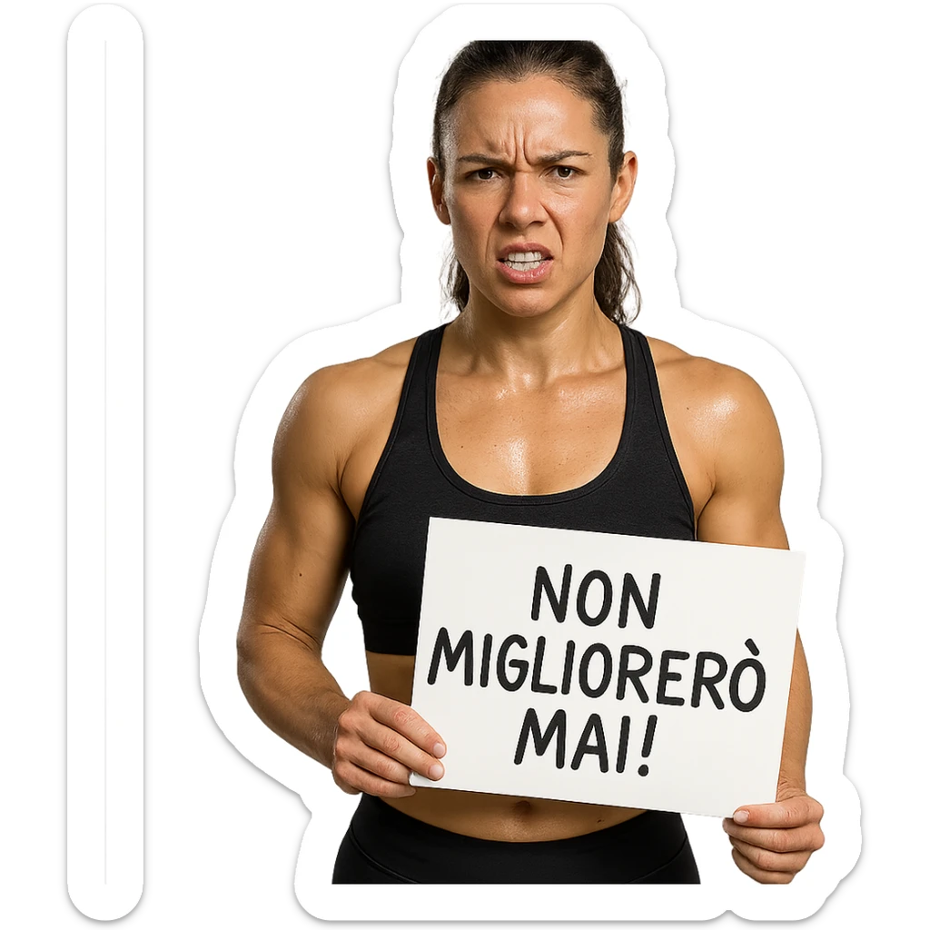 DONNA FITNESS CHE TIENE UN CARTELLO IN MANO CON LA SCRITTA "NON MIGLIORERò MAI!", iperrealistico 4k sticker