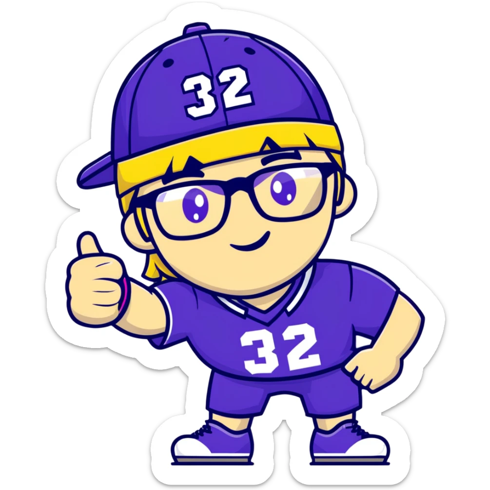 Man with black and white cap, purple sports jersey with number 32, clear glasses, light blond mullet hairstyle, thumbs up gesture, relaxed expression sticker