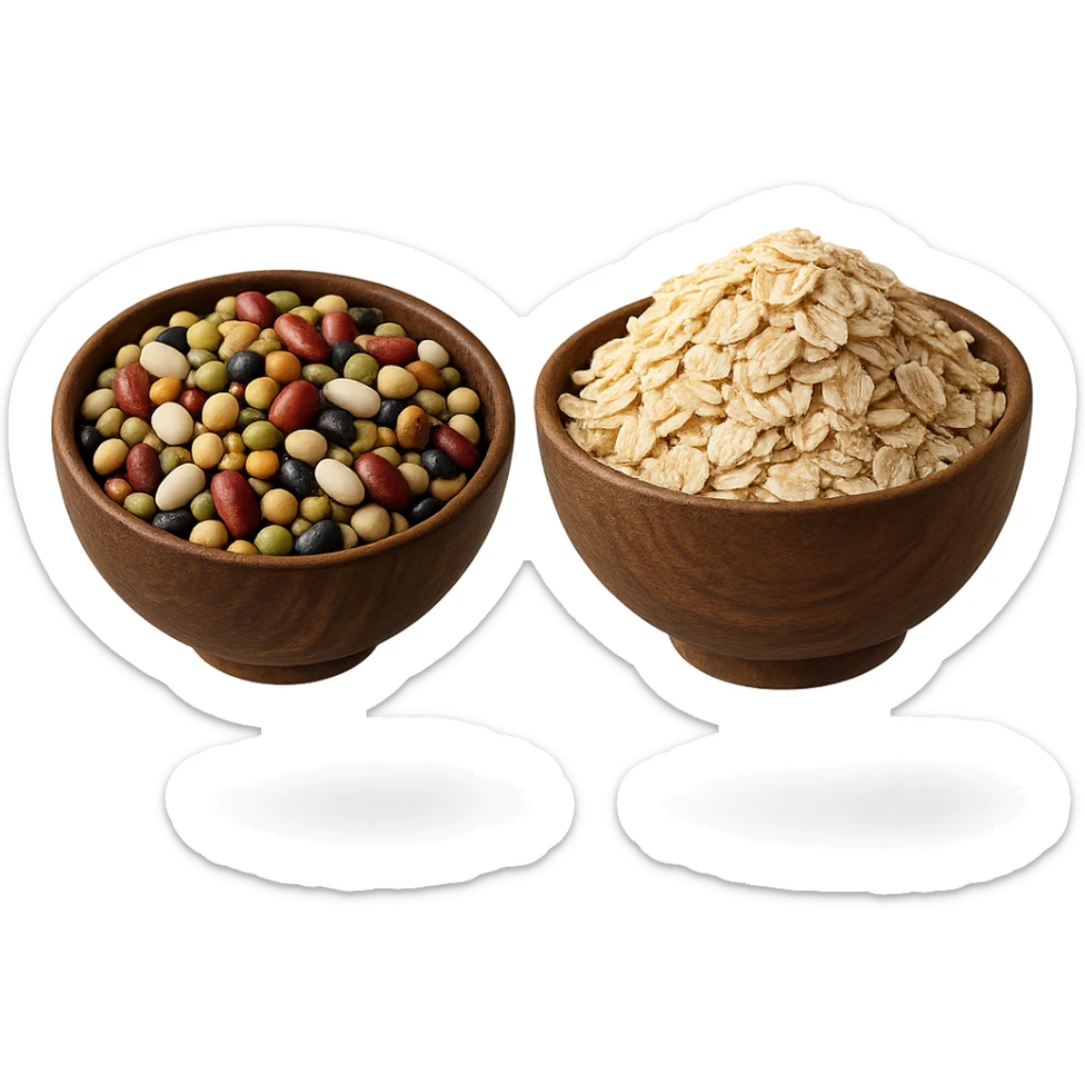 BOWL DI LEGUMI FLUTTUA IN ARIA INSIEME A BOWL DI FIOCCHI DI AVENA,  iperrealistico 4k sticker