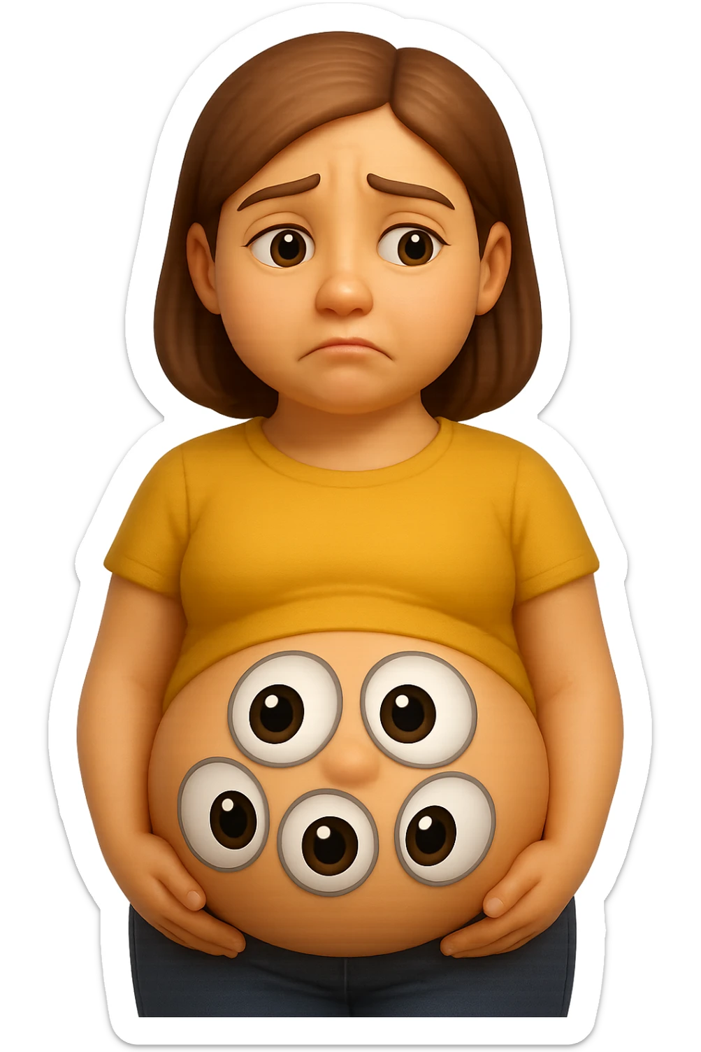 emoji stile iphone di una donna con pancia gonfia piena di cacche con gli occhi, iperrealistico 4k sticker