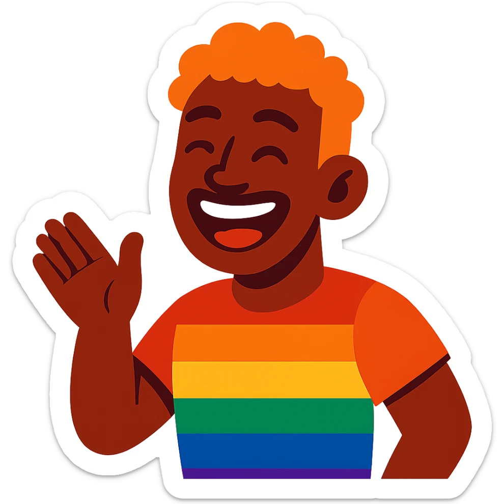 joyful gay Black man with ginger hair, smiling, vibrant cartoon style sticker