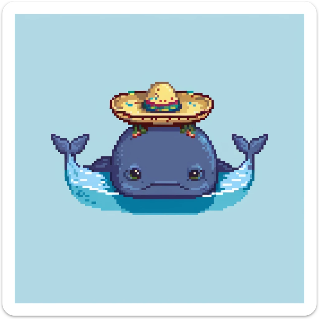 A blue whale with a colorful sombrero hat on its head, swimming in water sticker