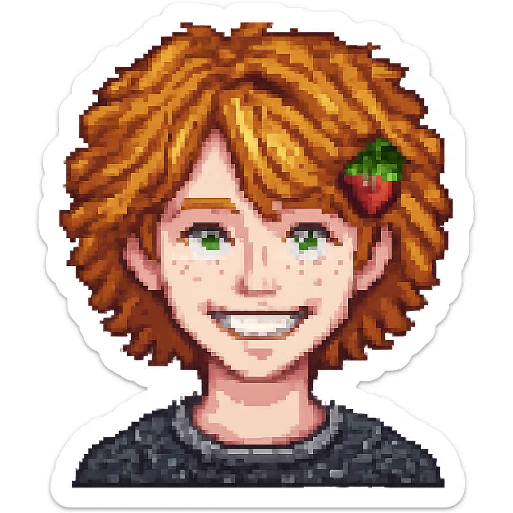 Make the strawberry blond boy with ginger freckles smile wider. The original style is pixel art style with transparent background, please keep the pixel art style and transparent background consistent. sticker