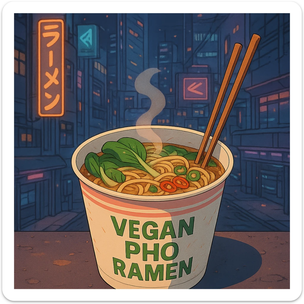 cyberpunk futuristic, scifi, a bowl of delicious VEGAN pho, ramen, 1990s, paper cup sticker
