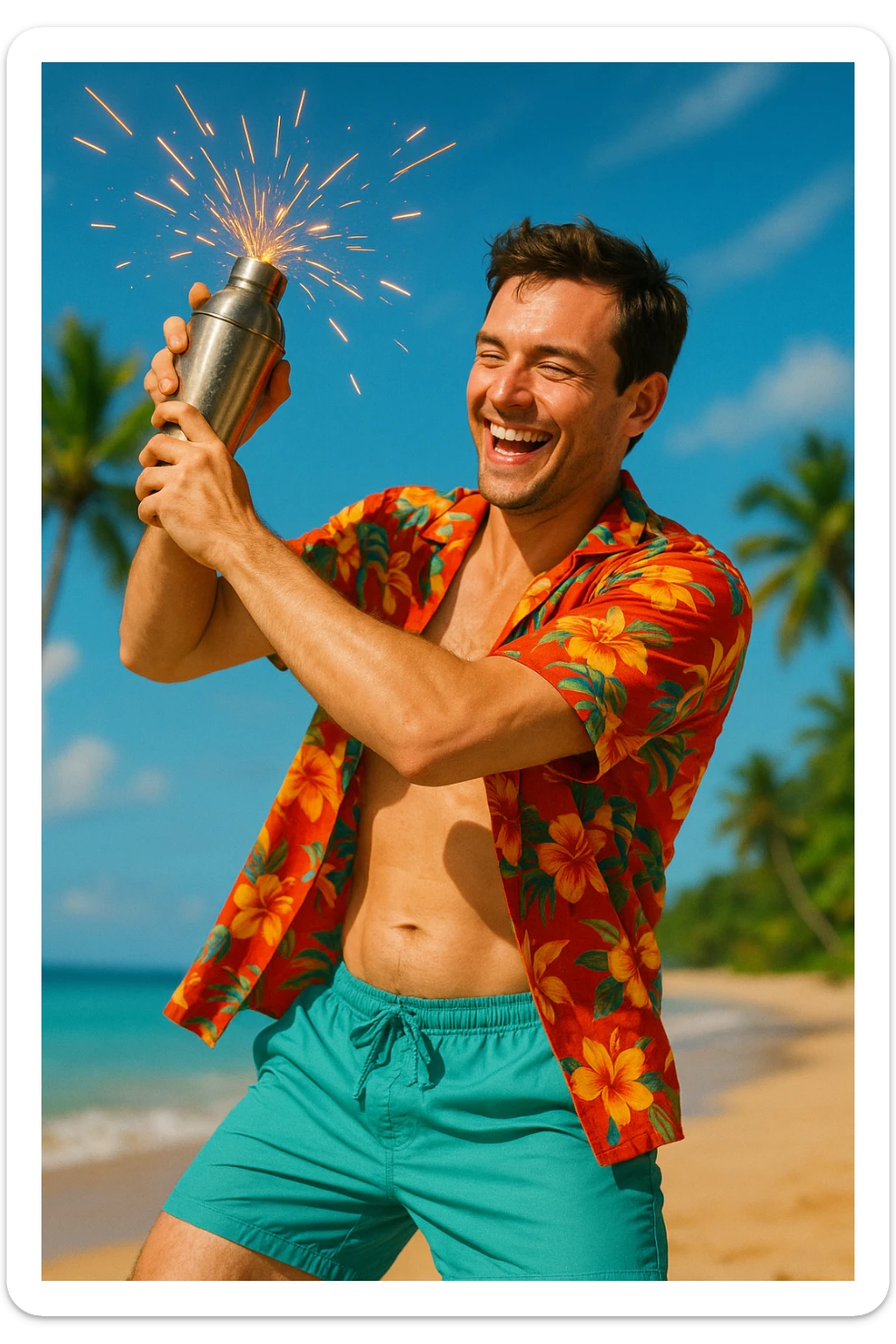 human male Unbuttoned Hawaiian shirt, swim trunks, shaking a cocktail shaker (sparks flying) sticker