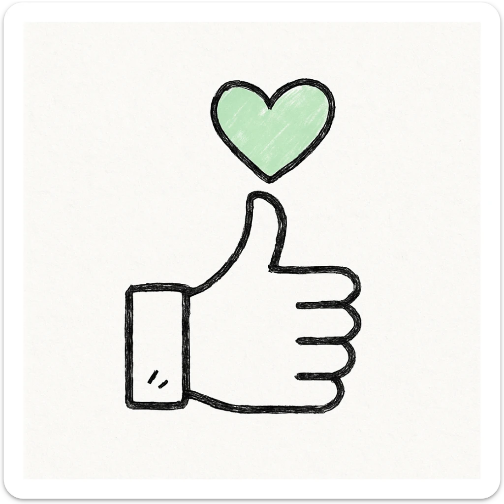 minimalist green thumbs up combined with heart symbol, hand drawn black outline style, white clean background, conveying calm and security sticker