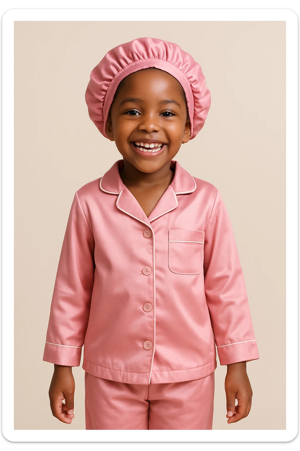 cheerful black girl in pink pajamas and a pink satin sleep cap, standing, simple background sticker