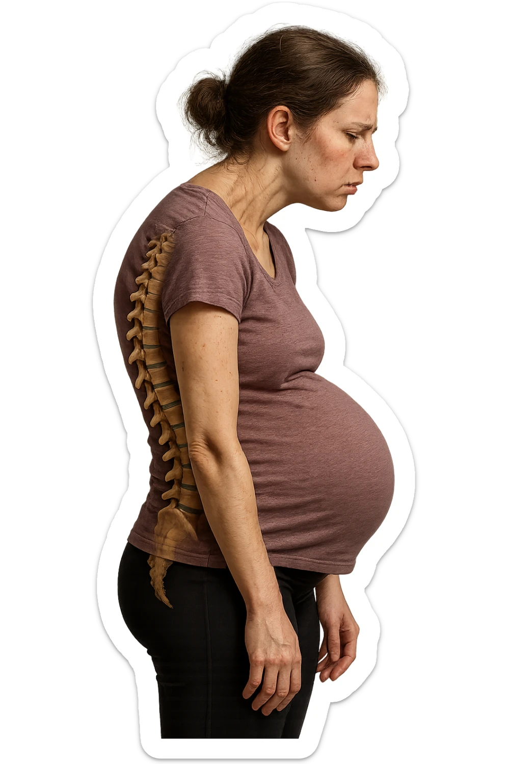 donna in gravidanza di profilo con spina dorsale in evidenza, postura storta, spalle chiuse in avanti, iperrealistica 4k sticker