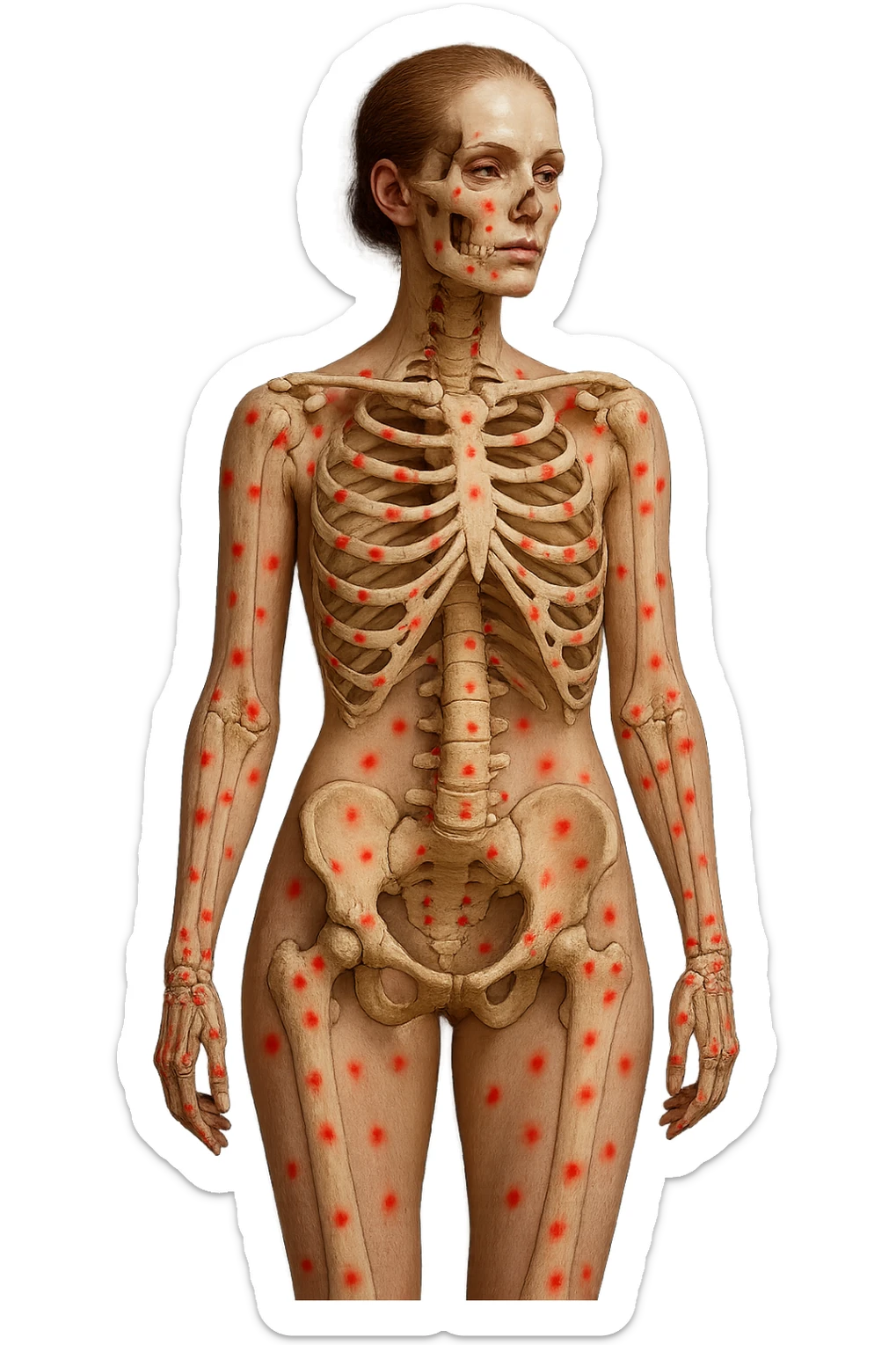 corpo umano anatomico di una donna affetta da fibromialgia, red spot sparsi sulle sue ossa, iperrealistica 4k sticker