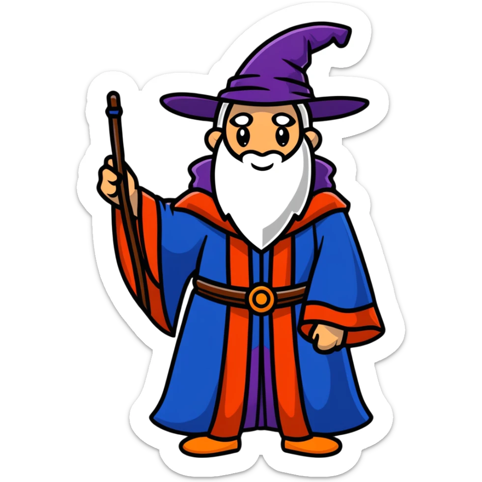 Magical wizard wearing hat and robe with Armenian flag colors (red, blue, and orange stripes) sticker