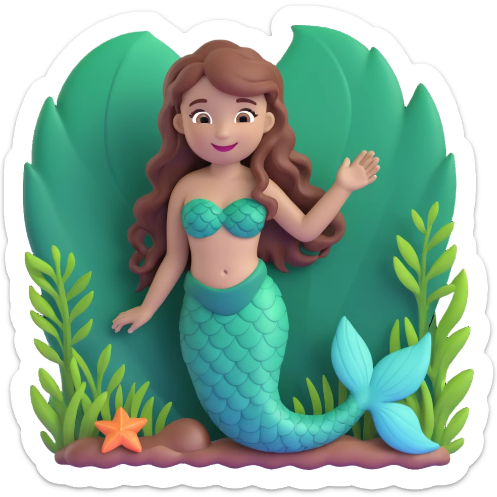 mermaid emoji with chestnut brown hair and a forest green tail, smiling and playful sticker
