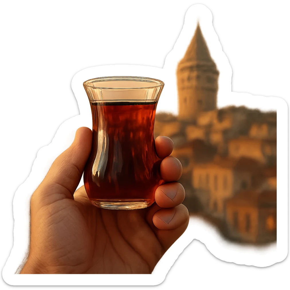 hand holding a Turkish tea glass, with a cityscape in the background, warm and inviting atmosphere, detailed, realistic sticker