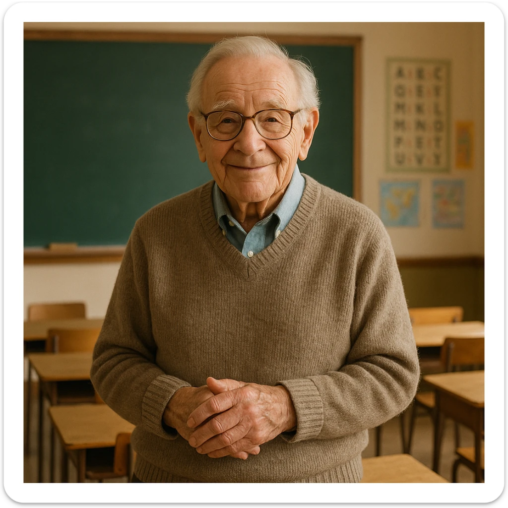 an old teacher, around 80 years old, wise and gentle, with glasses and gray hair, in a classroom setting sticker