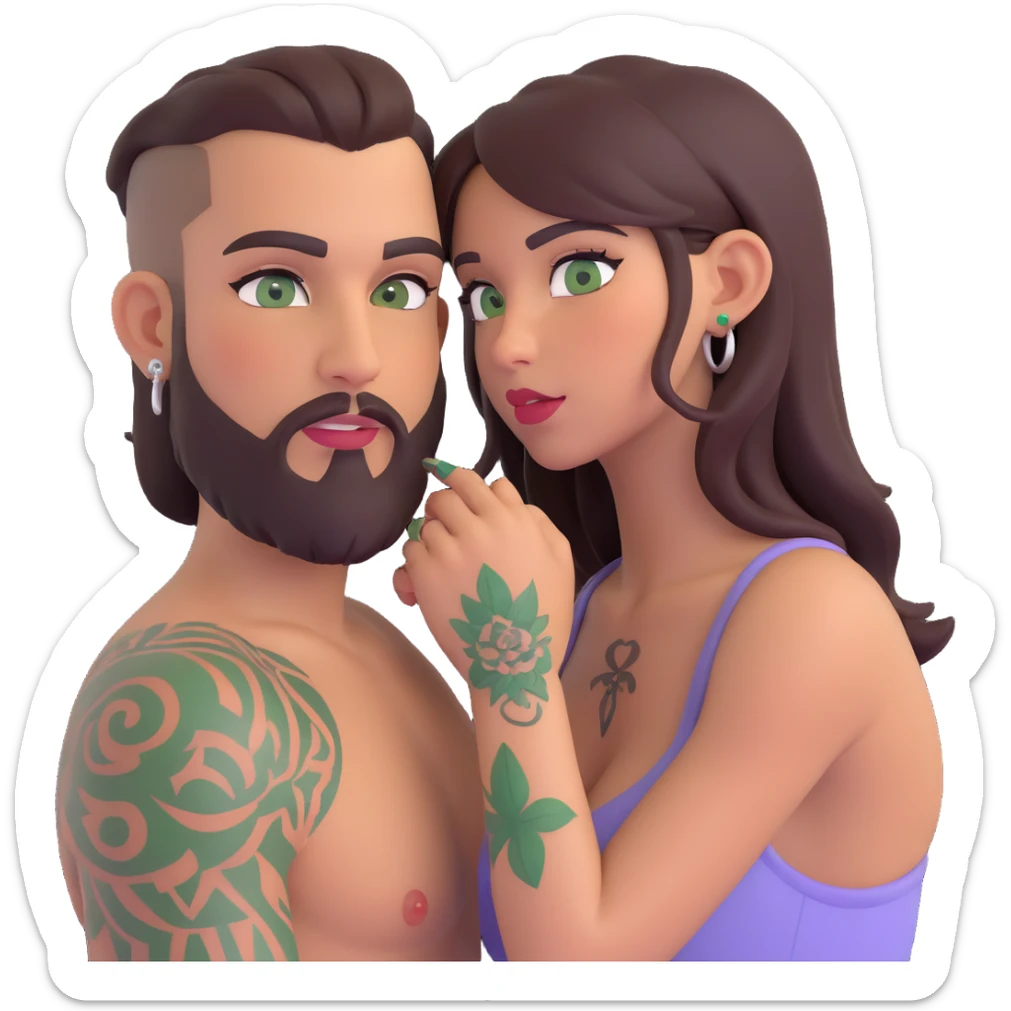 Brown eyed Latina woman with pierced nipples, small breasts and tattoos giving oralto a white man with green eyes and a beard  sticker