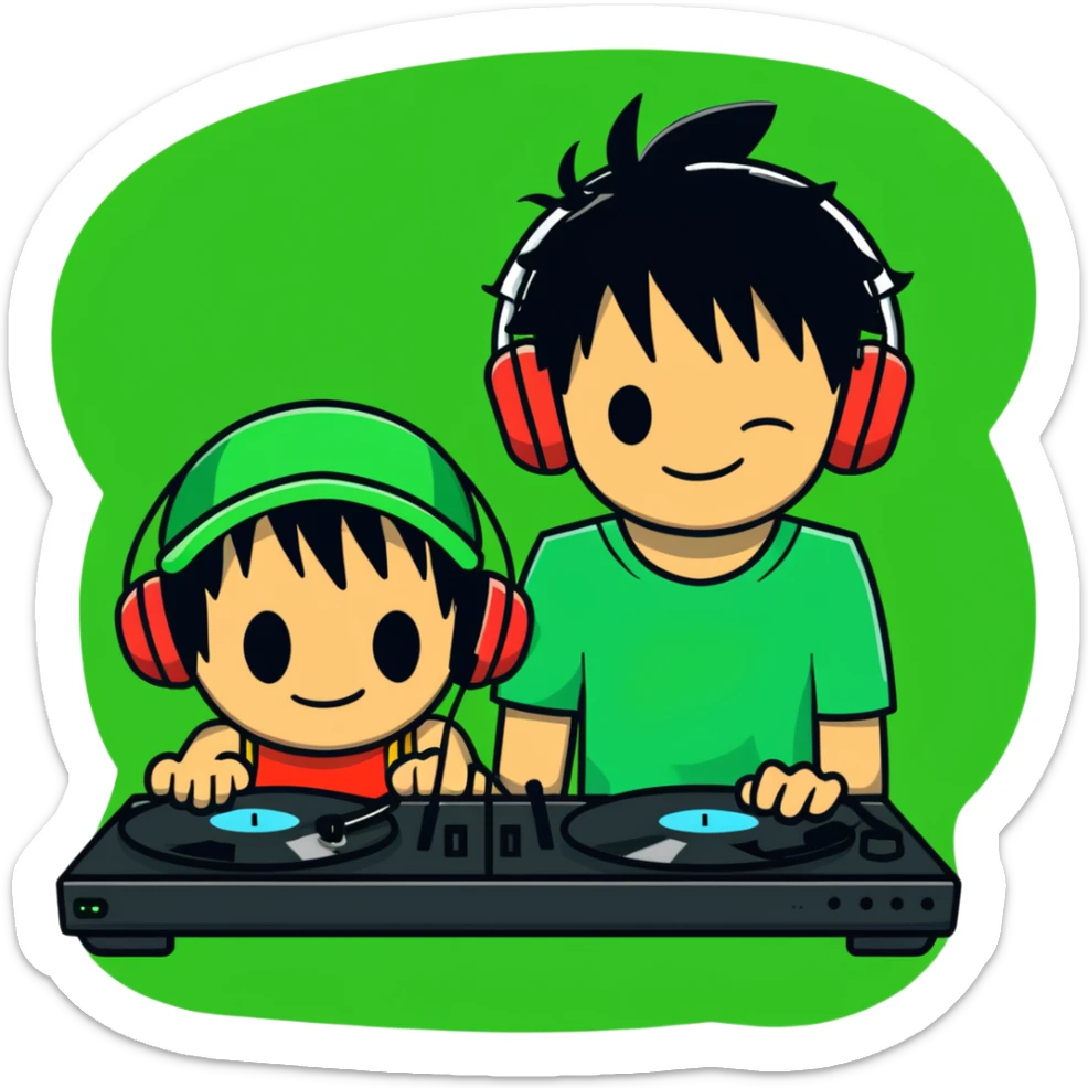 Green Luffy and green Alastor listening to music together sticker