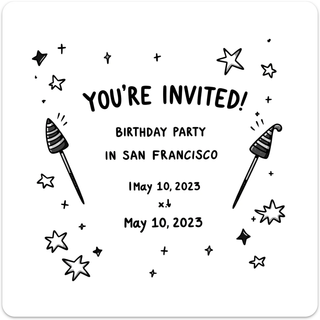 magical themed birthday party invitation illustration with sparkles, wands, whimsical decorations, including the text: 'You're Invited! Birthday Party in San Francisco, May 10, 2025' sticker