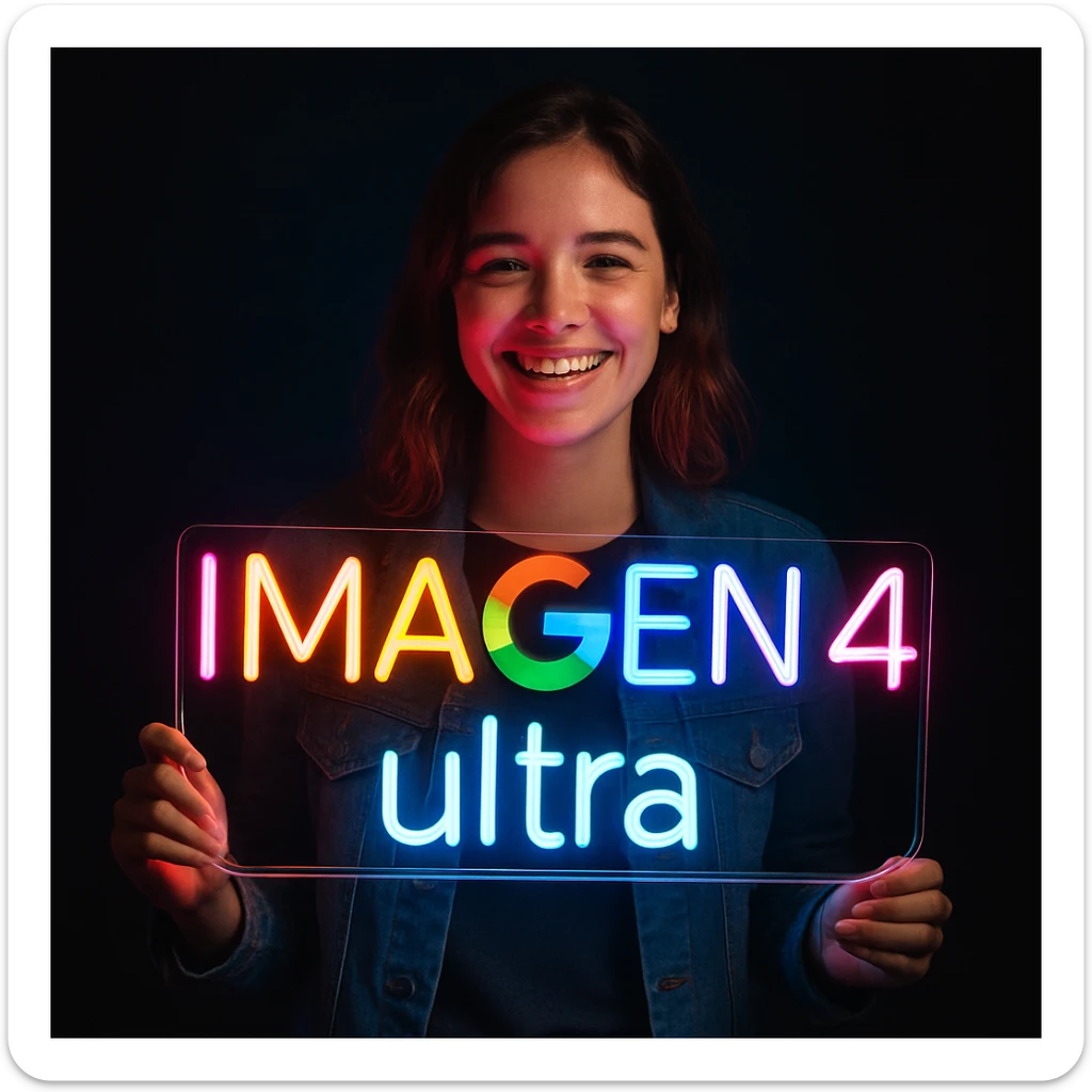 make a girl holding this sign, but sign in made of neon, also add ultra below the sign sticker