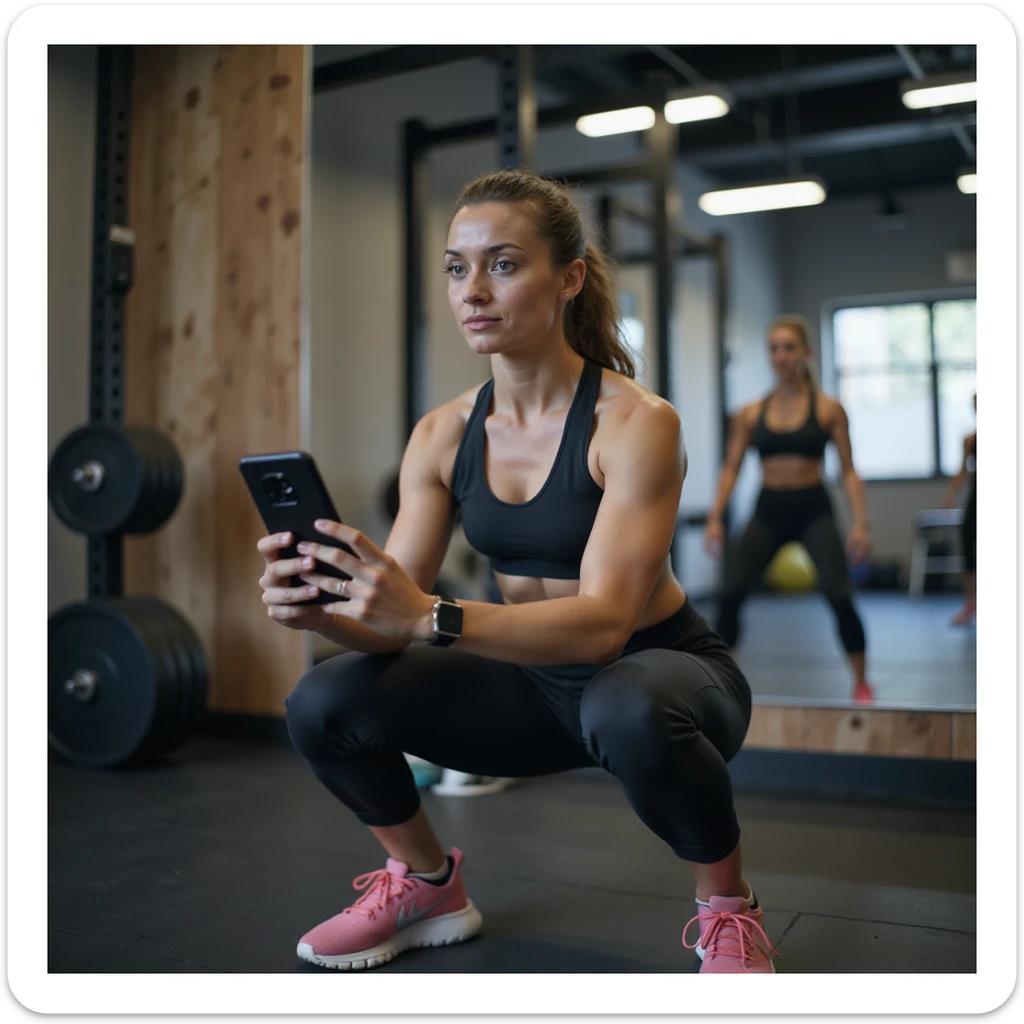 young woman in modern sportswear in gym, doing a video check with smartphone for remote coach, performing squats in front of mirror, gym equipment environment, hyperrealistic details, 4K, motivational atmosphere, 1/8 sticker