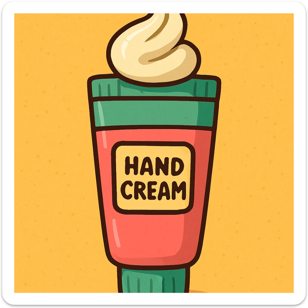 hand cream tube with a swirl of cream, touches of green and pink, soft cartoon style sticker