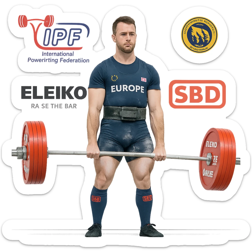 Powerlifter europeo in gara ufficiale di federazione, ispirato all'immagine di riferimento, abbigliamento da competizione, palco con loghi federali, bilanciere carico, atmosfera realistica, 8 varianti con diverse pose, espressioni e dettagli di gara, isolated on white background. sticker