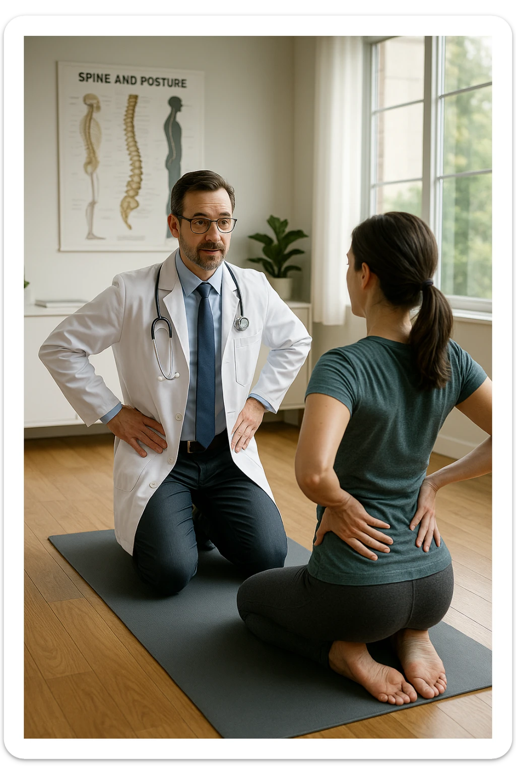 A realistic, cinematic illustration of a professional doctor in a white coat inside a bright, modern medical office, demonstrating a simple stretching exercise to a patient for improving posture. The doctor, calm and encouraging, shows a gentle spinal extension stretch while explaining its benefits for posture and spinal health, with an anatomical poster of the spine and posture alignment in the background. The scene includes a yoga mat, clean wooden floors, and natural light streaming through large windows, creating a warm, health-focused atmosphere. The patient, in comfortable activewear, watches and mirrors the stretch, emphasizing the preventive and therapeutic role of stretching for posture correction under medical guidanc sticker
