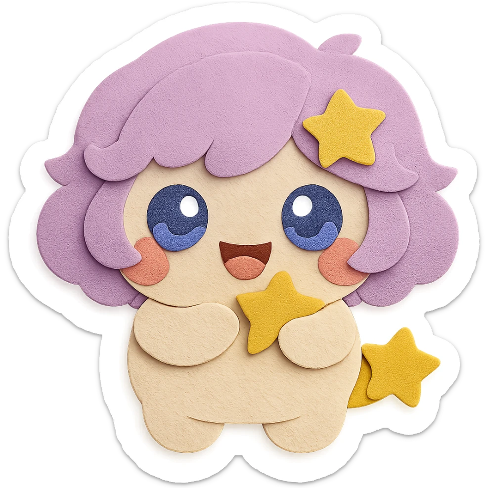 Remove the yellow moon from the hair but keep the yellow star and all other hairstyle features and colors. Add a super cute, soft, and heart-melting open-mouth smile. Keep the full body, paper craft style with clean lines and transparent background. sticker