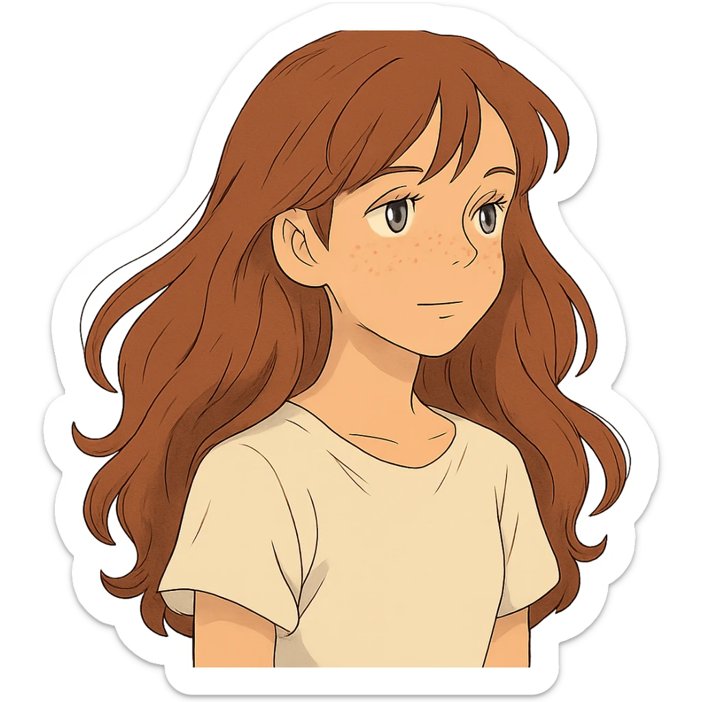 ghibli style adolescent girl with long wavy hair, freckles, long eyelashes, white top, no background sticker