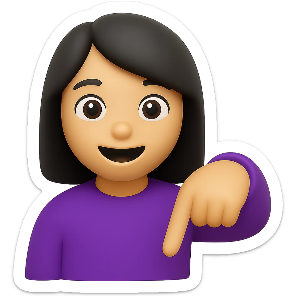 Edit the image of a woman with black hair and a purple shirt, finger pointing down, in the style of 3D emoji. The background should be transparent. The style is inspired by Microsoft style 3D fluent emojis, concise and emoji-like. sticker