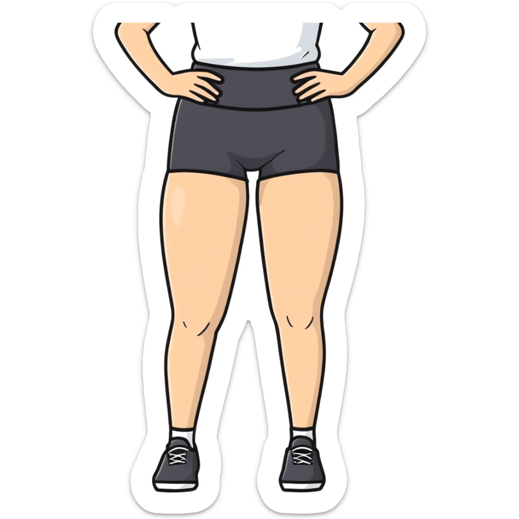 person standing with legs apart, wearing three-point shorts and black pantyhose sticker