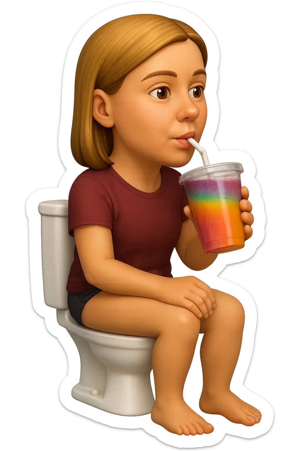 emoji stile iphone di una donna seduta sul wc che beve uno smoothies colorato, iperrealistico 4k sticker