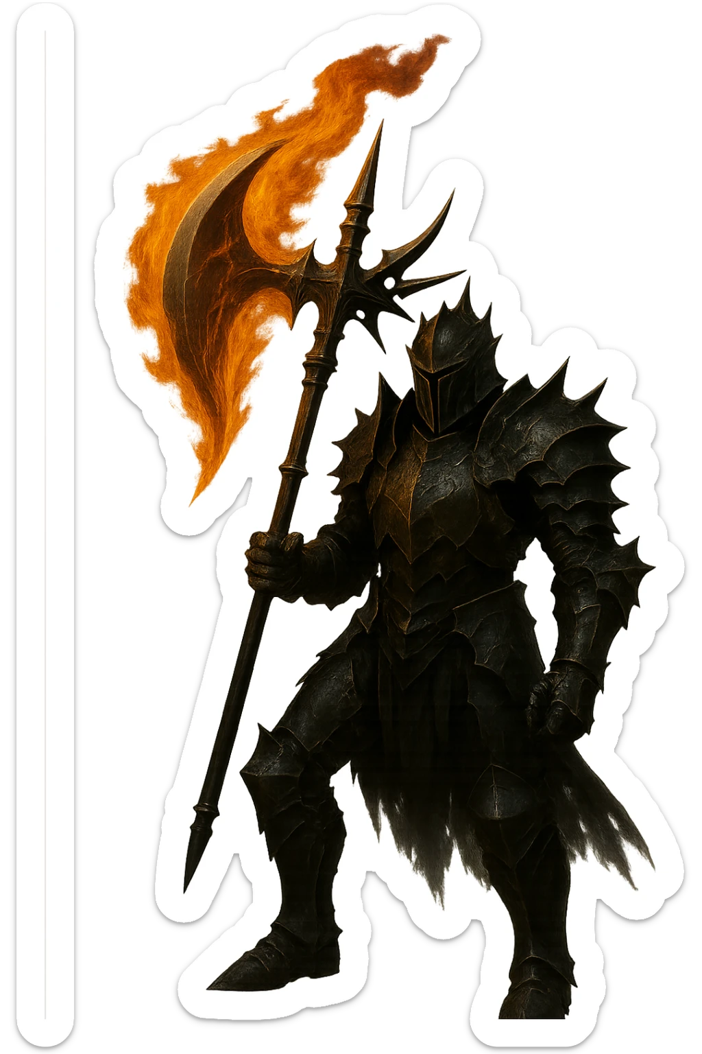 Enhance the scary knight holding the flaming halbert to look even more realistic with enhanced details, lighting, and textures. Keep the background transparent. sticker